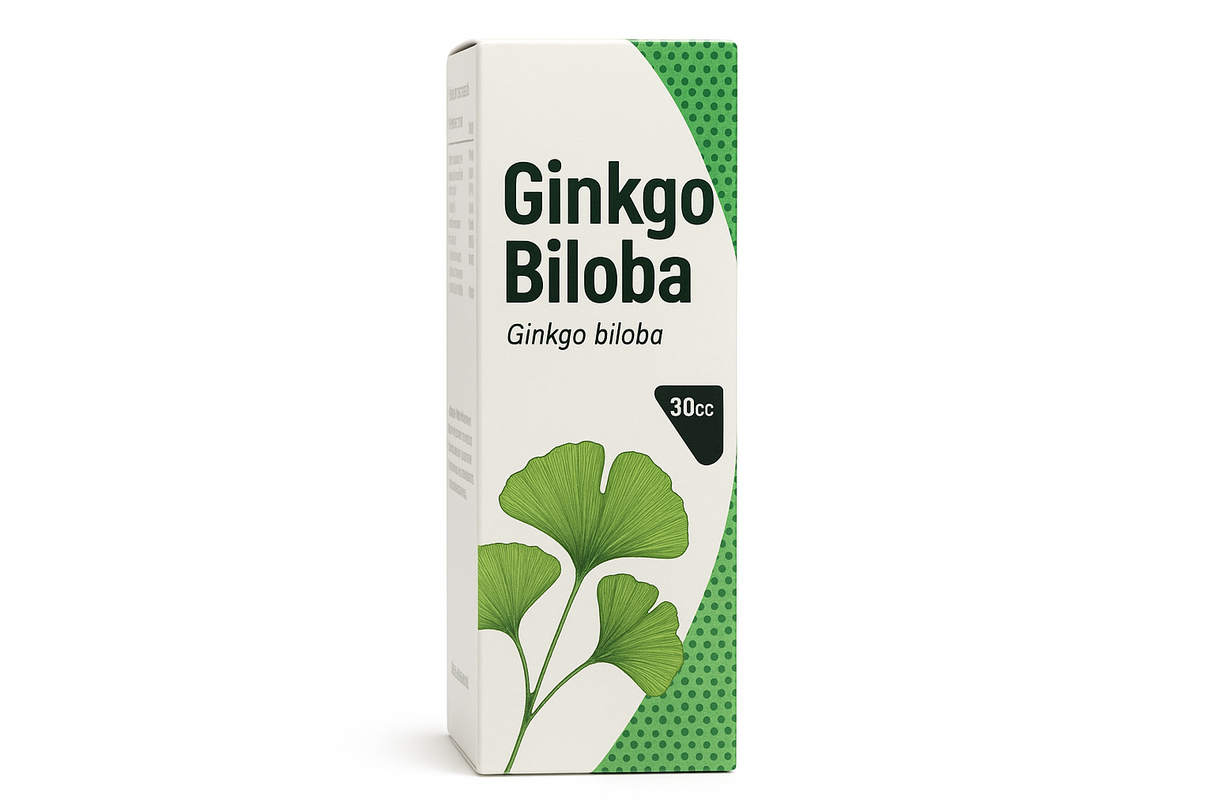Caja de Ginkgo Biloba con proporciones altas y estrechas, mostrando el diseño blanco con detalles verdes, hojas de ginkgo y la indicación de 30cc