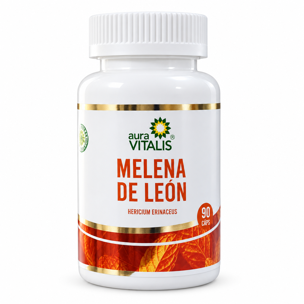 Frasco Aura Vitalis Melena de León Hericium erinaceus, 90 cápsulas, sobre fondo blanco