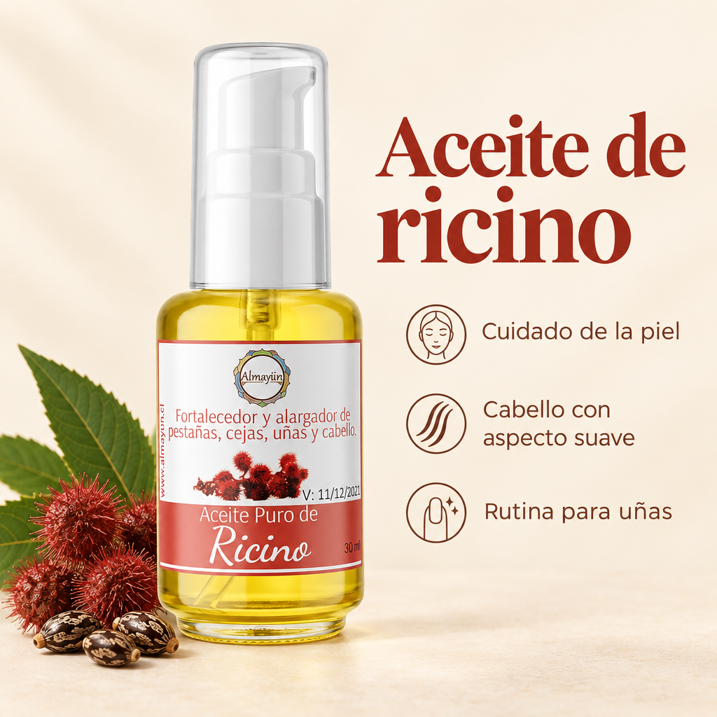 Aceite de ricino Almayun 30 ml con mensajes sobre cuidado de la piel, cabello y uñas