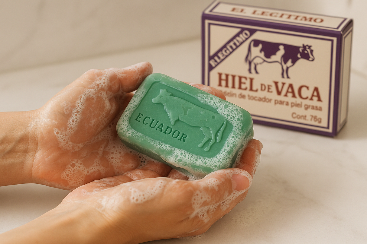 Imagen fotorrealista profesional del jabón de hiel de vaca en uso