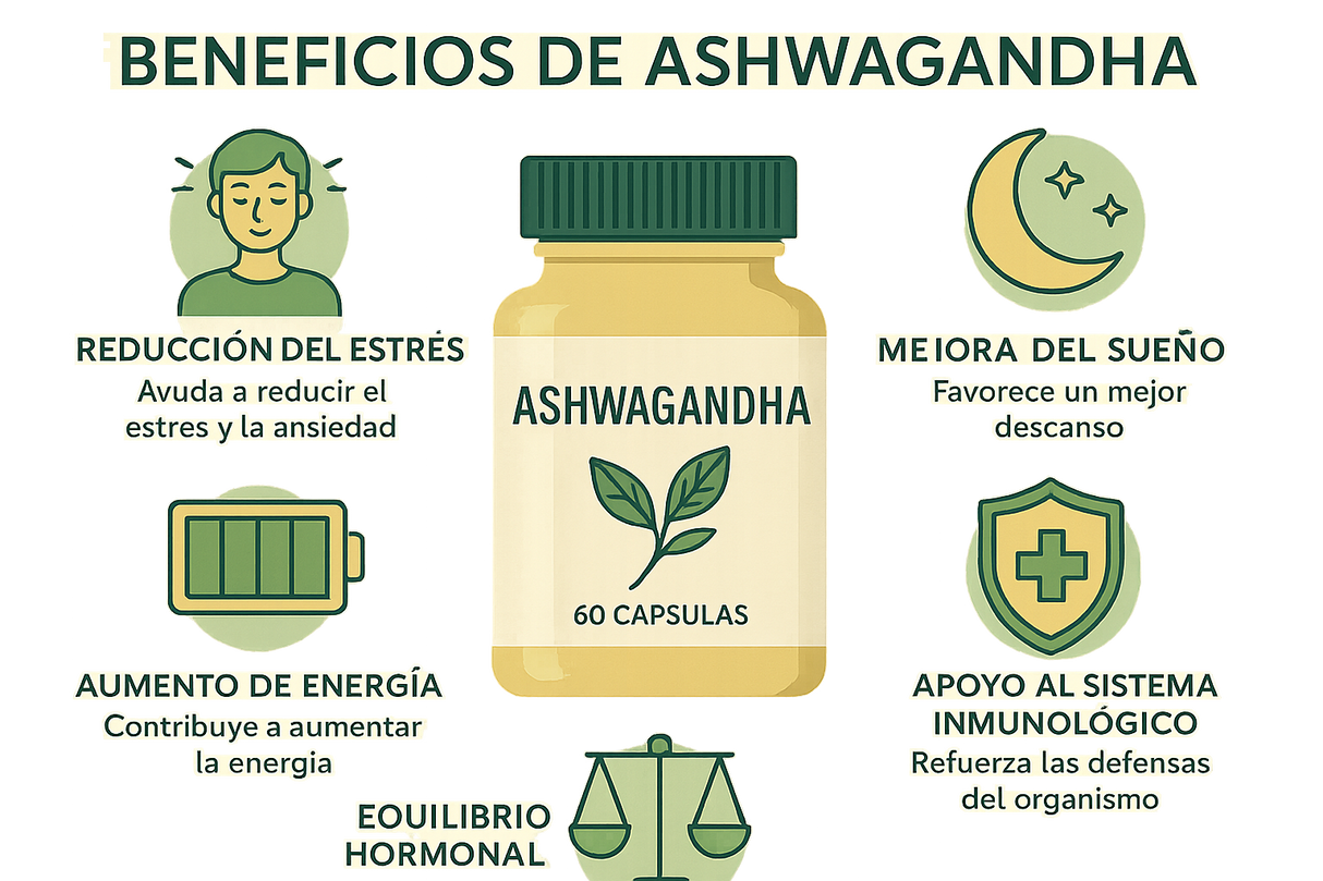Infografía de los beneficios de Ashwagandha mostrando reducción del estrés, mejora del sueño, aumento de energía, apoyo al sistema inmunológico y equilibrio hormonal