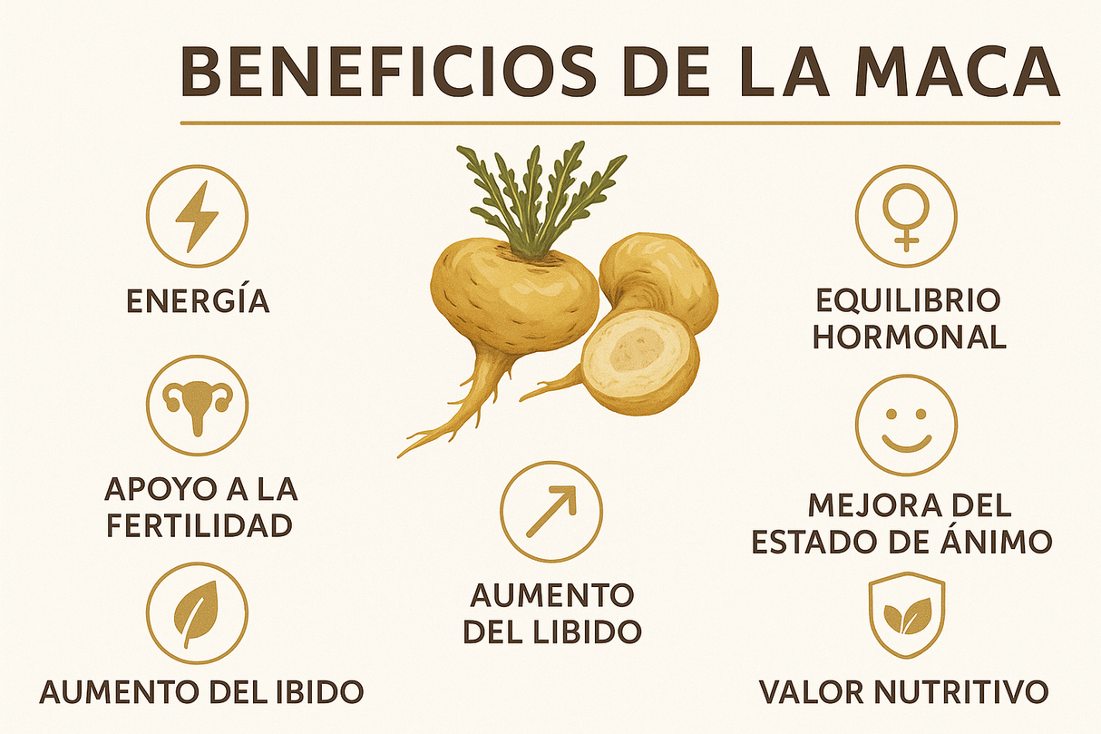 Infografía de los beneficios de la Maca mostrando: Energía, Balance hormonal, Fertilidad, Mejora del ánimo, Libido y Valor nutricional