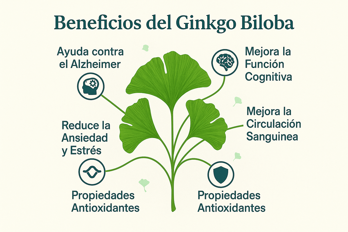 Infografía en español con 6 beneficios únicos del Ginkgo Biloba: ayuda contra el Alzheimer, mejora cognitiva, circulación sanguínea, reducción de ansiedad, propiedades antioxidantes y salud ocular