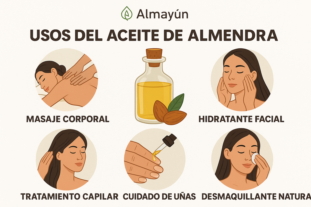 Infografía instructiva sobre los usos del Aceite de Almendra mostrando: masaje corporal, hidratante facial, tratamiento capilar, cuidado de uñas y desmaquillante natural, con texto grande y legible e imágenes demostrativas