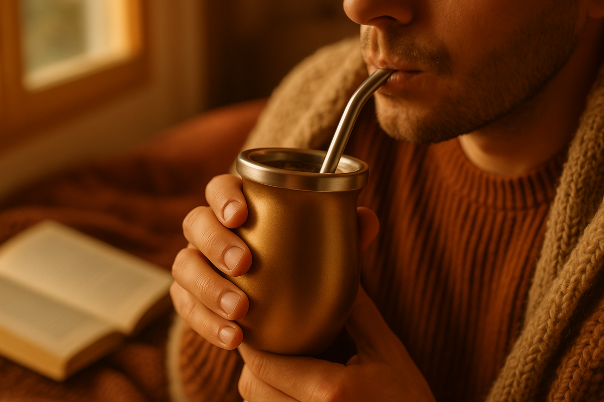 Persona disfrutando mate dorado - Ambiente reconfortante