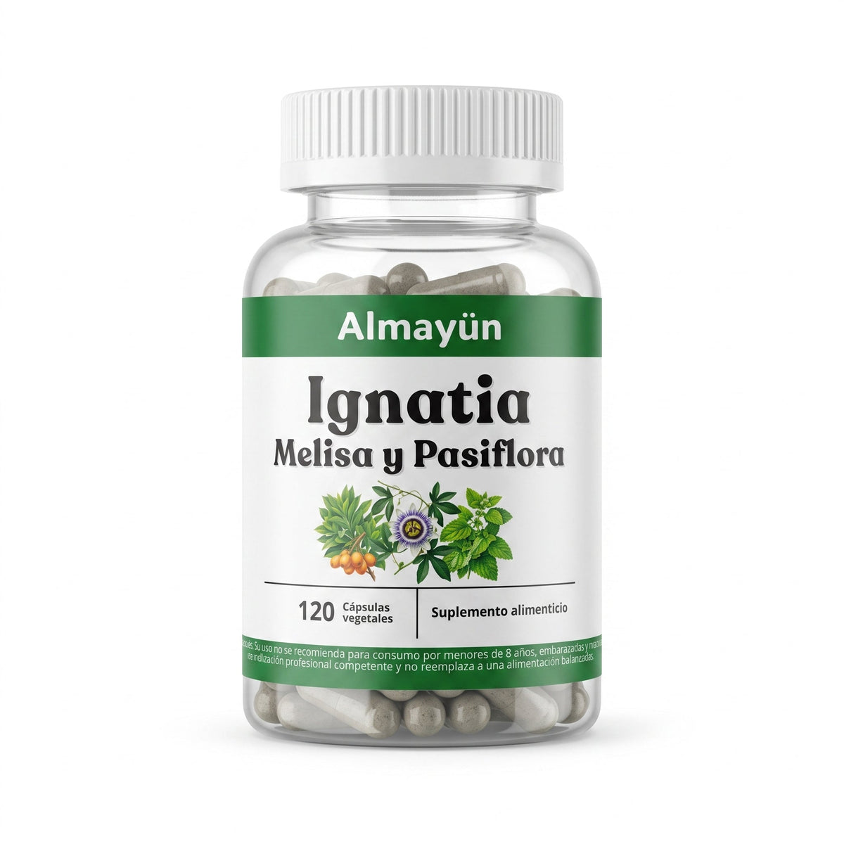 Frasco Almayun Ignatia Melisa y Pasiflora 120 cápsulas con infografía de beneficios