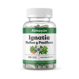 Frasco Almayun Ignatia Melisa y Pasiflora 120 cápsulas con infografía de beneficios