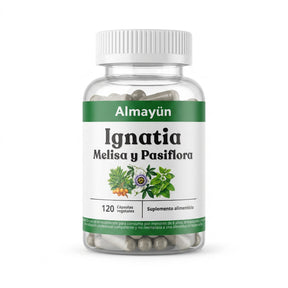 Frasco Almayun Ignatia Melisa y Pasiflora 120 cápsulas con infografía de beneficios