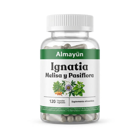 Frasco Almayun Ignatia Melisa y Pasiflora 120 cápsulas con infografía de beneficios