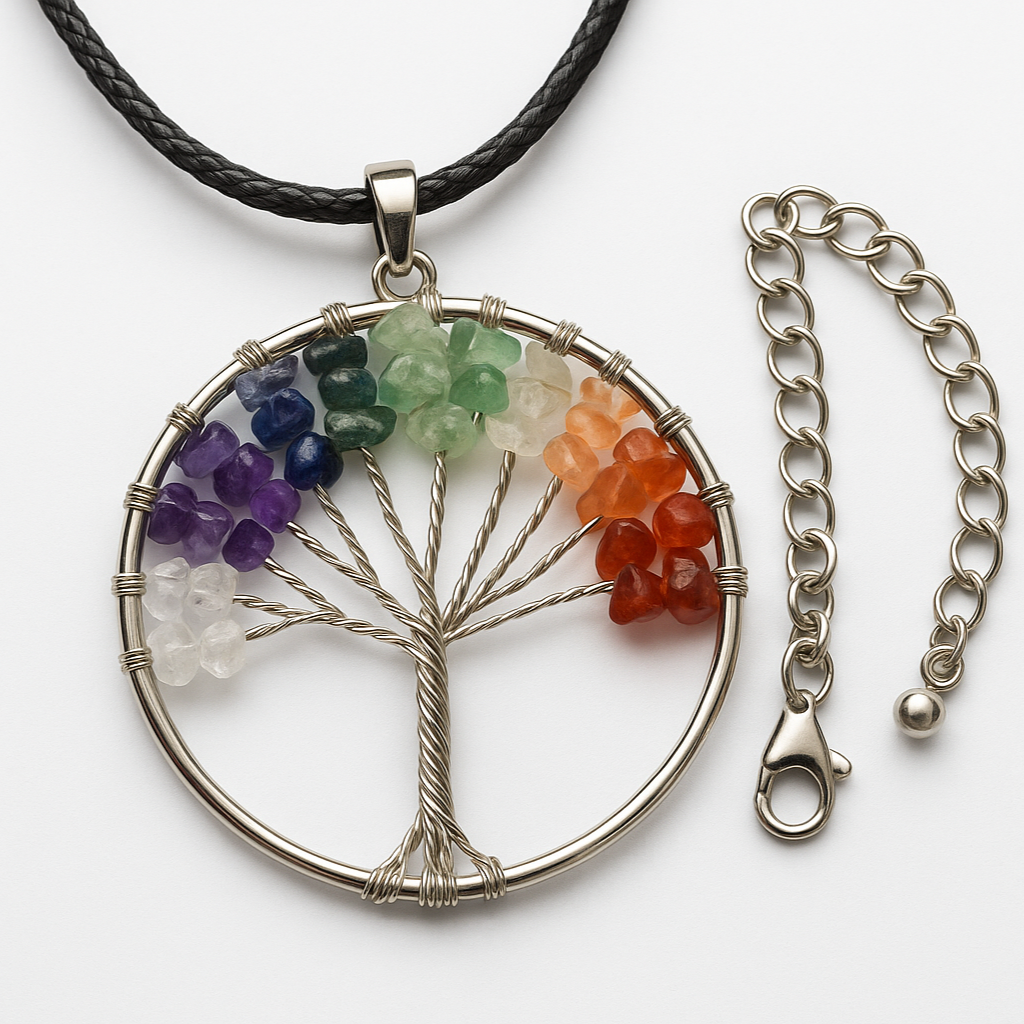 Collar fotorealista del árbol de la vida con piedras de chakras