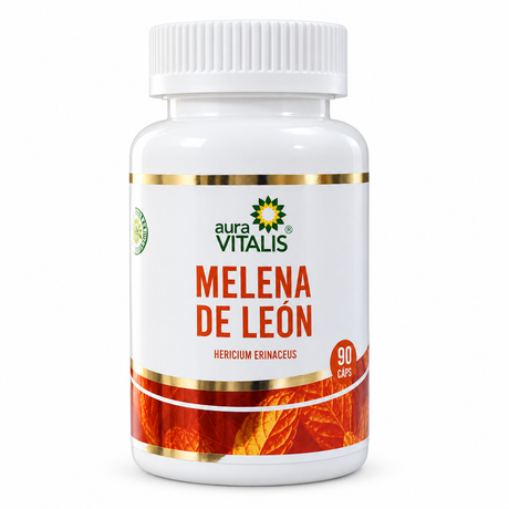 Frasco Aura Vitalis Melena de León Hericium erinaceus, 90 cápsulas, sobre fondo blanco