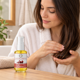 Persona aplicando aceite de ricino en las puntas del cabello junto al frasco Almayun 30 ml