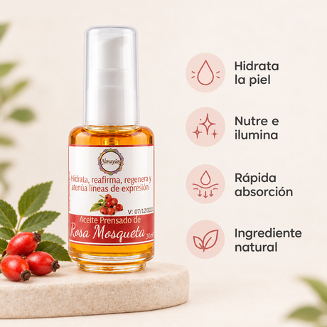 Infografía de beneficios del Aceite de Rosa Mosqueta 30ml