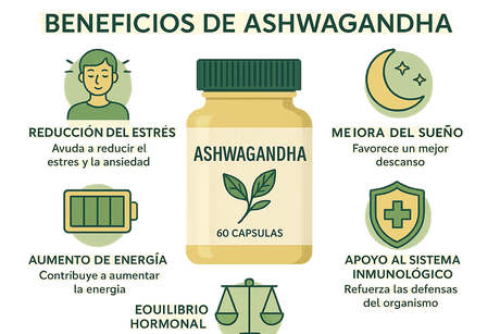 Infografía de los beneficios de Ashwagandha mostrando reducción del estrés, mejora del sueño, aumento de energía, apoyo al sistema inmunológico y equilibrio hormonal