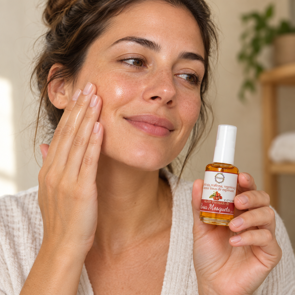 Mujer aplicándose Aceite de Rosa Mosqueta 30ml